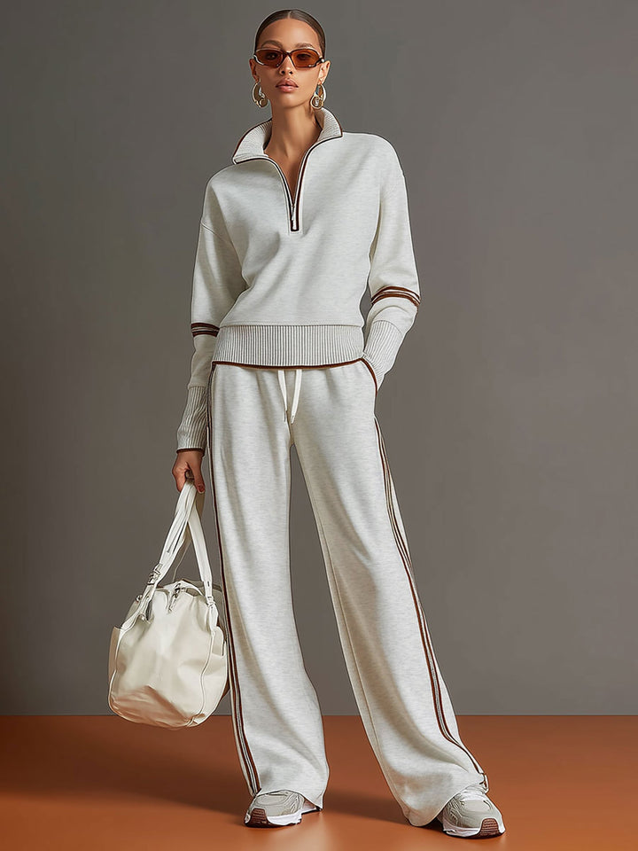 Vintage-inspirierter grauer und weißer Halbzip-Sweatshirt für Damen mit weitem Hosen-Set