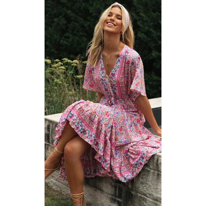 Juul Landhaus Ibiza Stil Kleid Lang mit Blumenmuster und langen Ärmeln