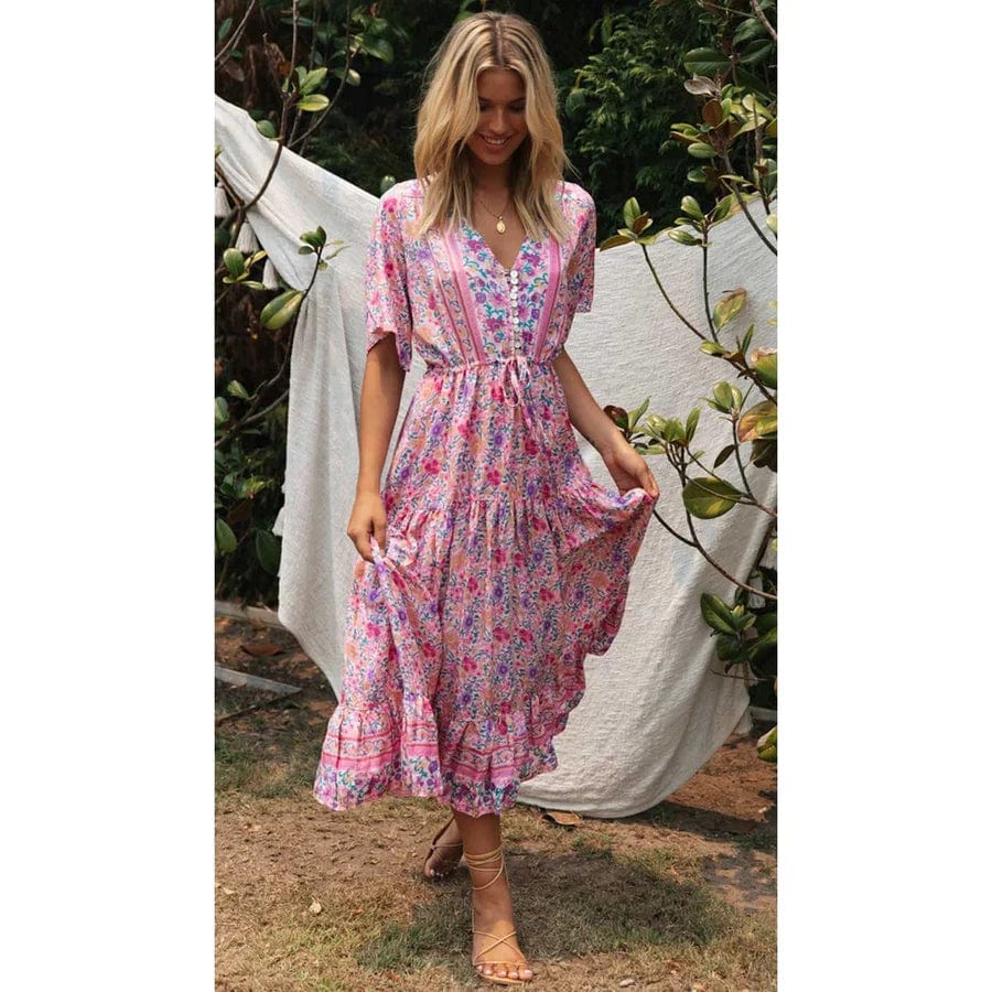 Juul Landhaus Ibiza Stil Kleid Lang mit Blumenmuster und langen Ärmeln