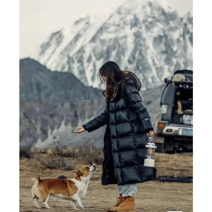 Phoebe | Luxe Longline Daunen Pufferjacke für Damen mit Kapuze und langen Ärmeln