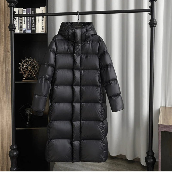 Phoebe | Luxe Longline Daunen Pufferjacke für Damen mit Kapuze und langen Ärmeln