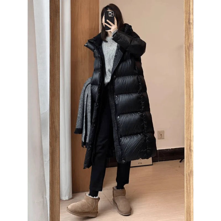 Phoebe | Luxe Longline Daunen Pufferjacke für Damen mit Kapuze und langen Ärmeln