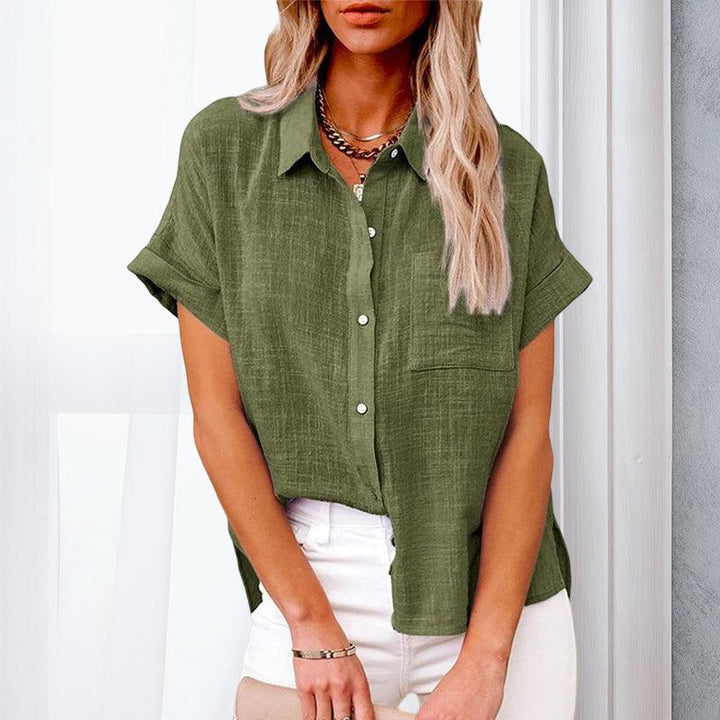 Damen Bluse mit Taschen, Knöpfen und kurzen Ärmeln