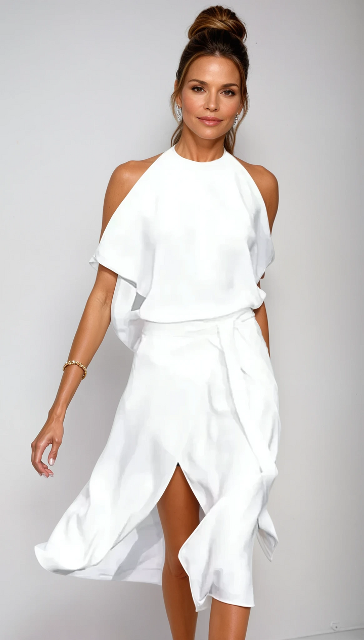 Celestine schulterfrei Asymmetrisches Midi Kleid für Damen mit Carmen-Ausschnitt
