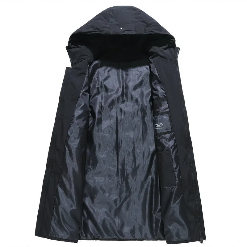 Lange Winterjacke für Herren mit Kapuze und langen Ärmeln