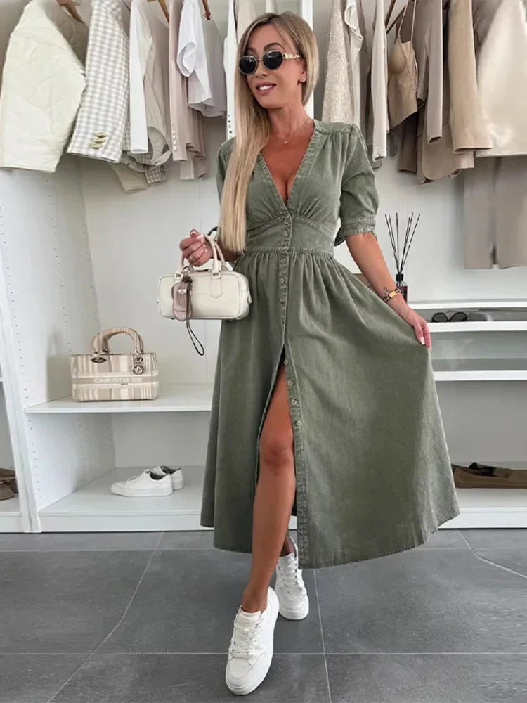 Zaya | Elegantes Casual Maxikleid für Damen mit V-Ausschnitt und 3/4-Ärmeln