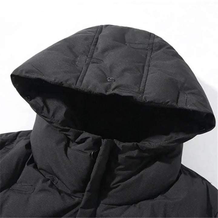 Lange Winterjacke für Herren mit Kapuze und langen Ärmeln