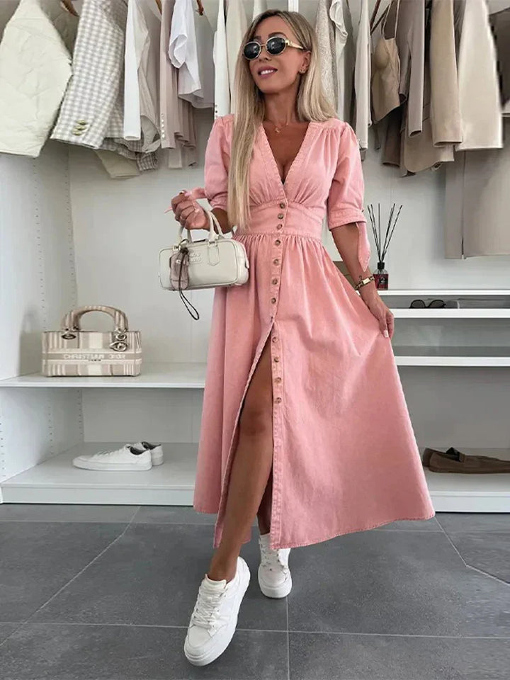 Zaya | Elegantes Casual Maxikleid für Damen mit V-Ausschnitt und 3/4-Ärmeln