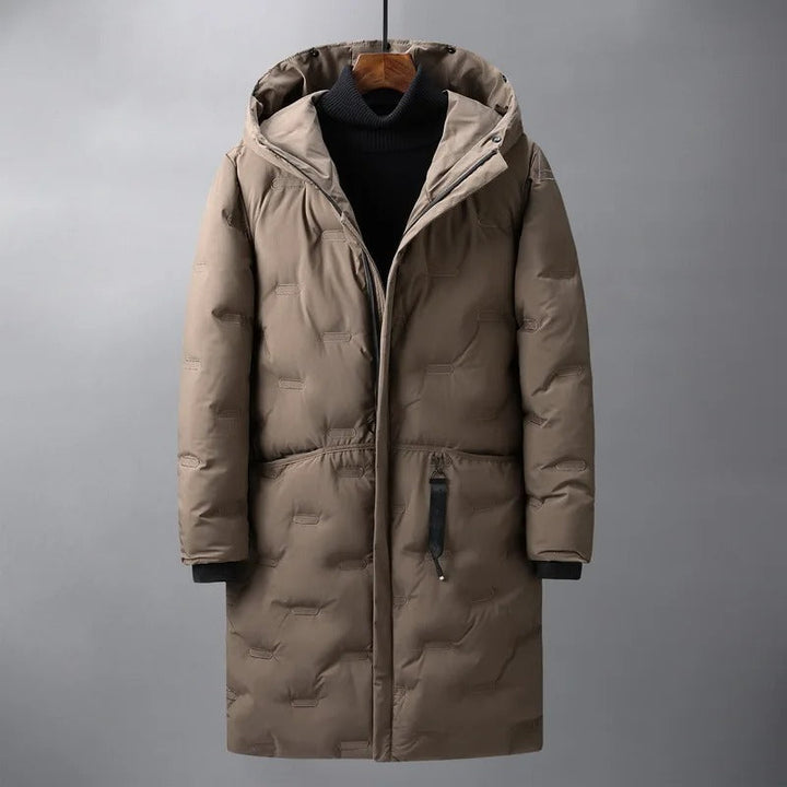 Lange Winterjacke für Herren mit Kapuze und langen Ärmeln