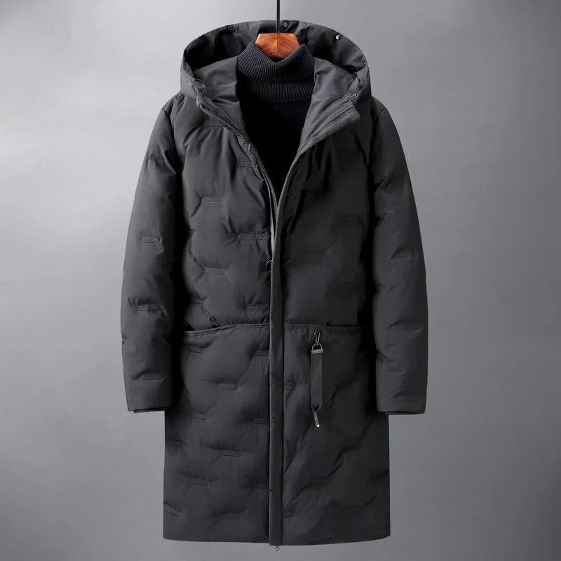 Lange Winterjacke für Herren mit Kapuze und langen Ärmeln