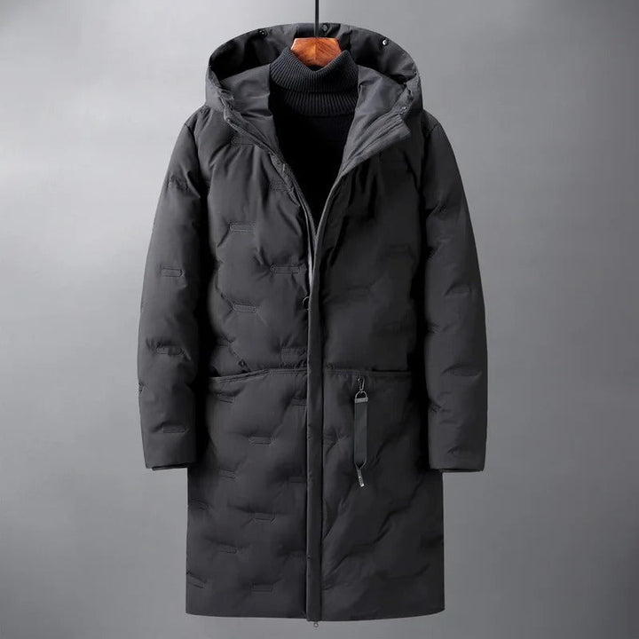 Lange Winterjacke für Herren mit Kapuze und langen Ärmeln