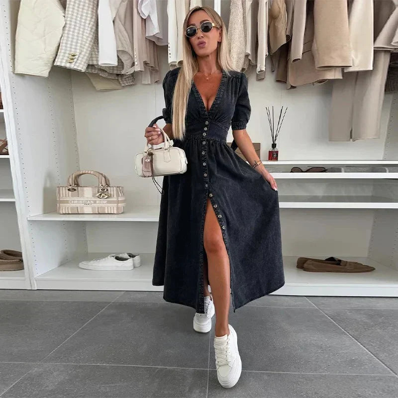 Zaya | Elegantes Casual Maxikleid für Damen mit V-Ausschnitt und 3/4-Ärmeln