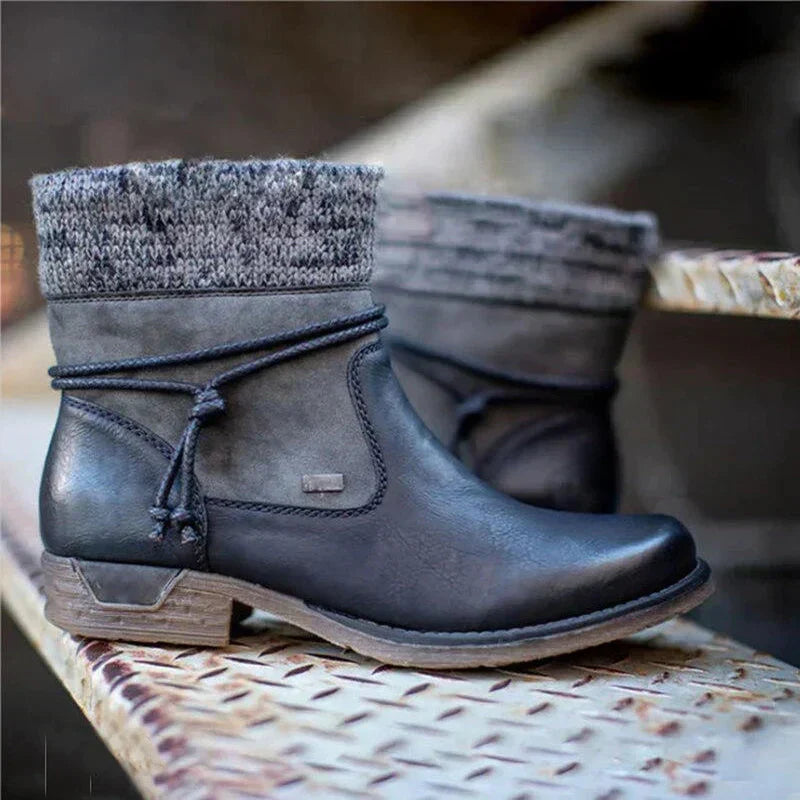 Damen Strick-Stulpen Ankle Boots mit Schnürung
