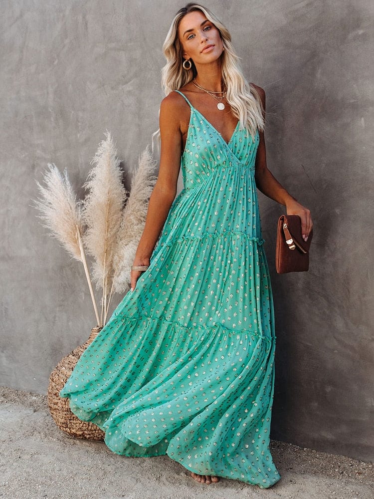 Evi Grüne Maxi Kleid mit V-Ausschnitt und Sommerlichem Ibiza-Muster