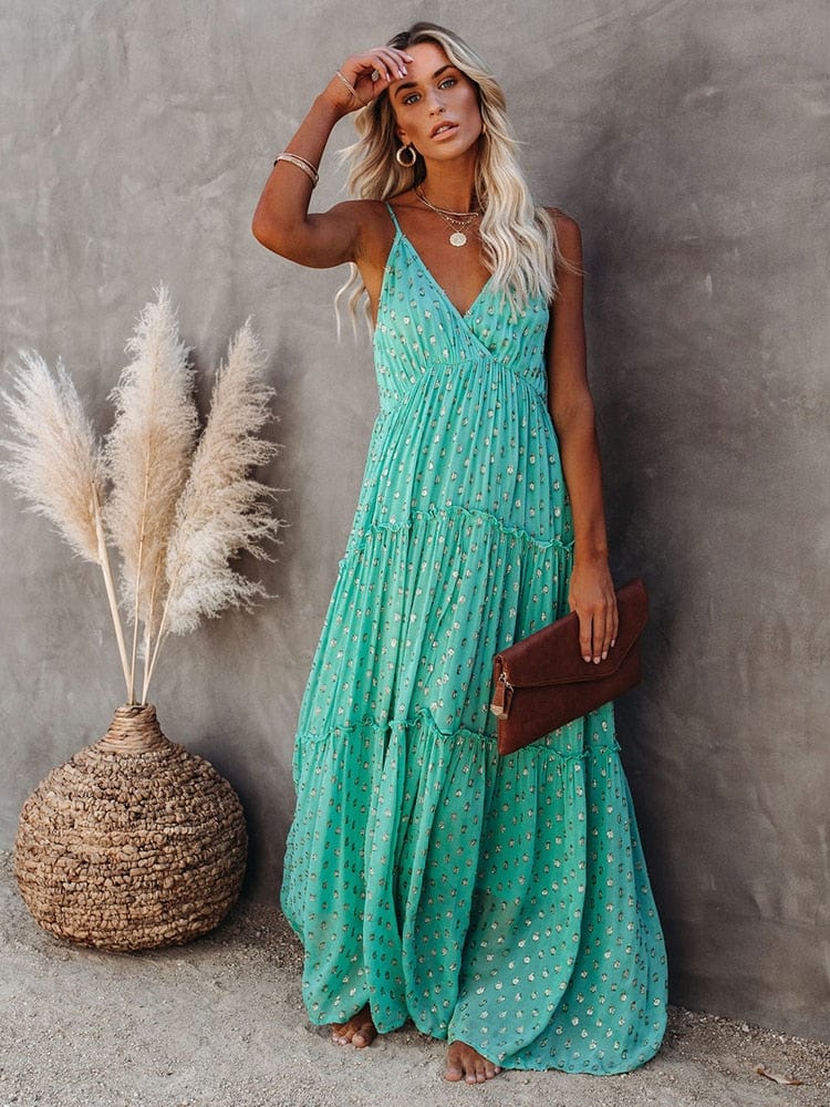 Evi Grüne Maxi Kleid mit V-Ausschnitt und Sommerlichem Ibiza-Muster