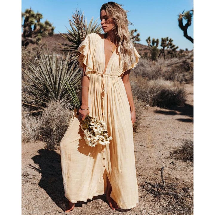 Solana | Maxi Ibiza Kleid in Creme für Damen mit V-Ausschnitt und kurzen Ärmeln