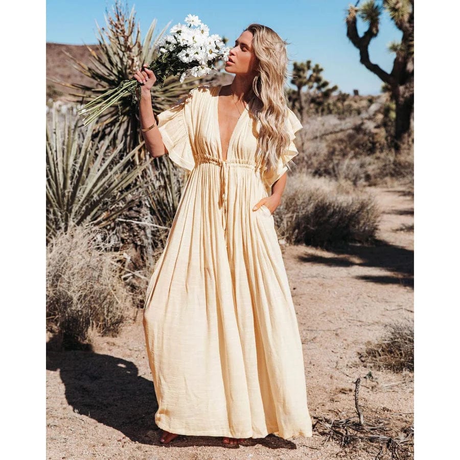 Solana | Maxi Ibiza Kleid in Creme für Damen mit V-Ausschnitt und kurzen Ärmeln