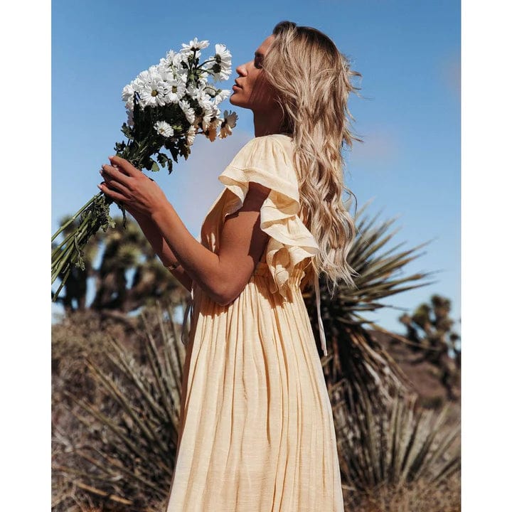 Solana | Maxi Ibiza Kleid in Creme für Damen mit V-Ausschnitt und kurzen Ärmeln