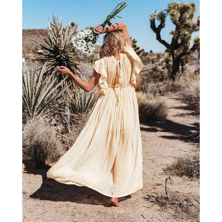 Solana | Maxi Ibiza Kleid in Creme für Damen mit V-Ausschnitt und kurzen Ärmeln