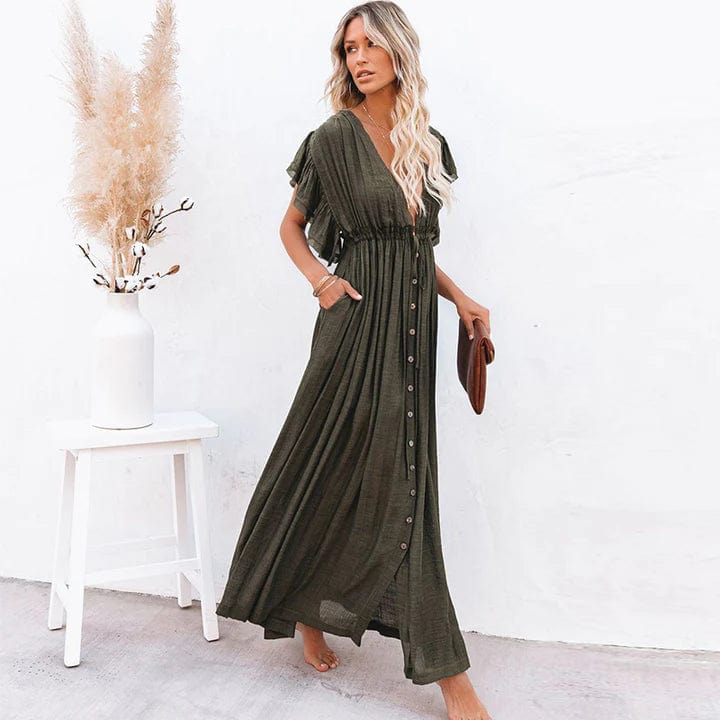 Esmee | Maxi Dunkelgrüne Ibiza Kleid mit V-Ausschnitt