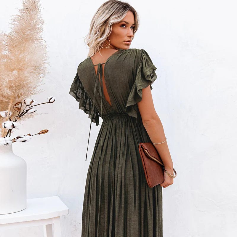 Esmee | Maxi Dunkelgrüne Ibiza Kleid mit V-Ausschnitt