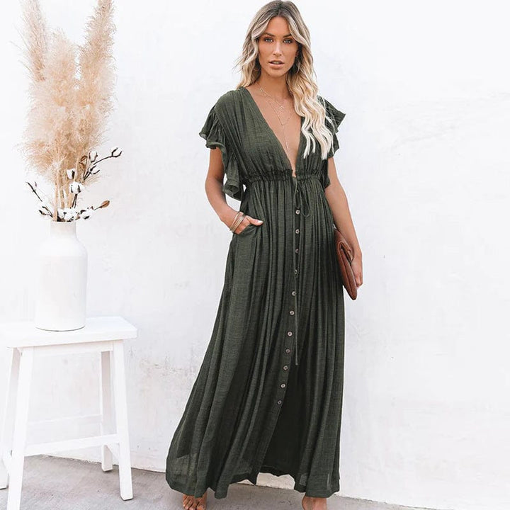 Esmee | Maxi Dunkelgrüne Ibiza Kleid mit V-Ausschnitt