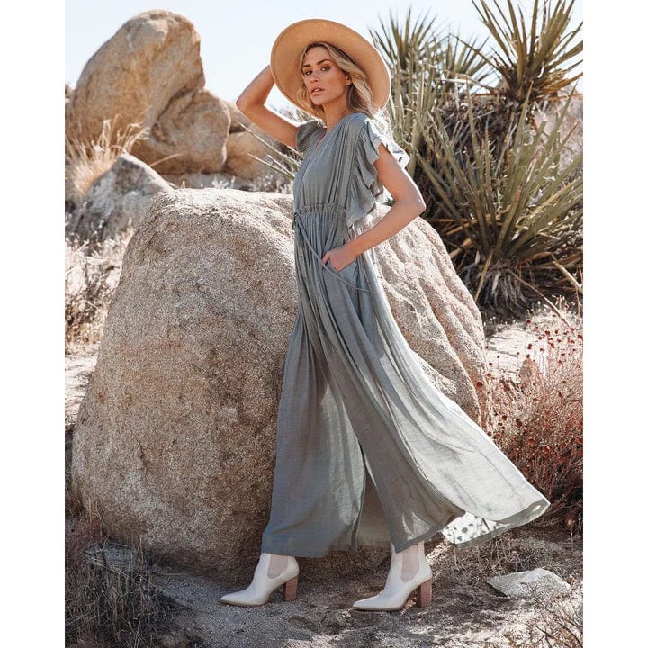Sara Maxi Grün/Graue Ibiza Kleid mit V-Ausschnitt