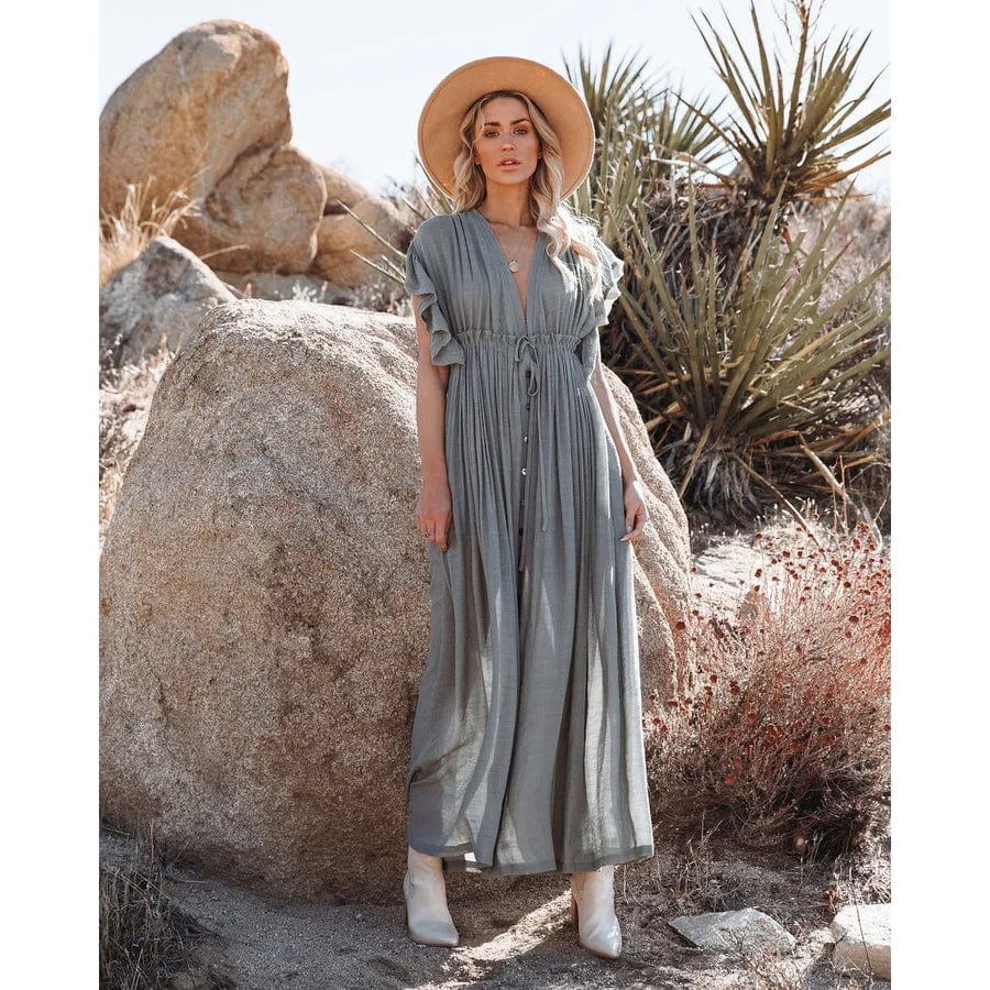 Sara Maxi Grün/Graue Ibiza Kleid mit V-Ausschnitt