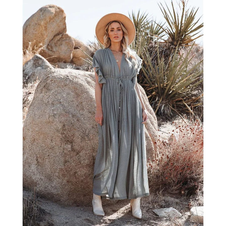 Sara Maxi Grün/Graue Ibiza Kleid mit V-Ausschnitt