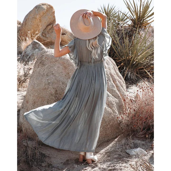Sara Maxi Grün/Graue Ibiza Kleid mit V-Ausschnitt