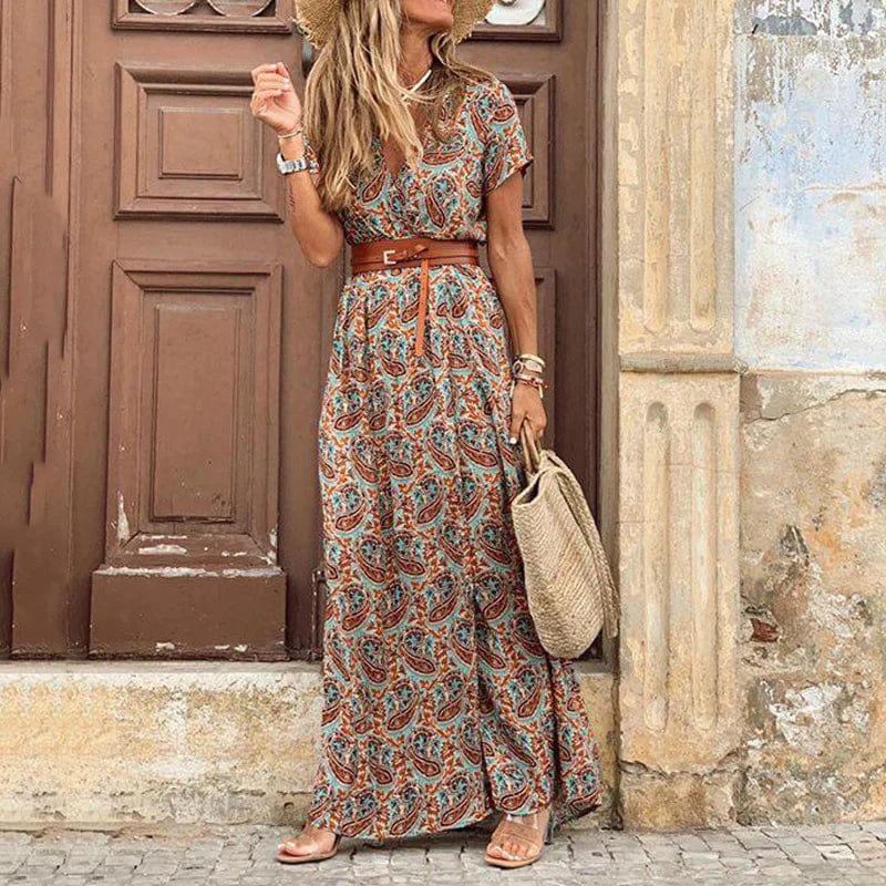 Sanne | Maxi Ibiza Kleid | Inklusive Gürtel mit Sternenmuster und V-Ausschnitt