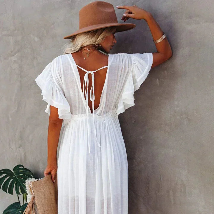Jente | Maxi Weiße Strandkleid mit V-Ausschnitt