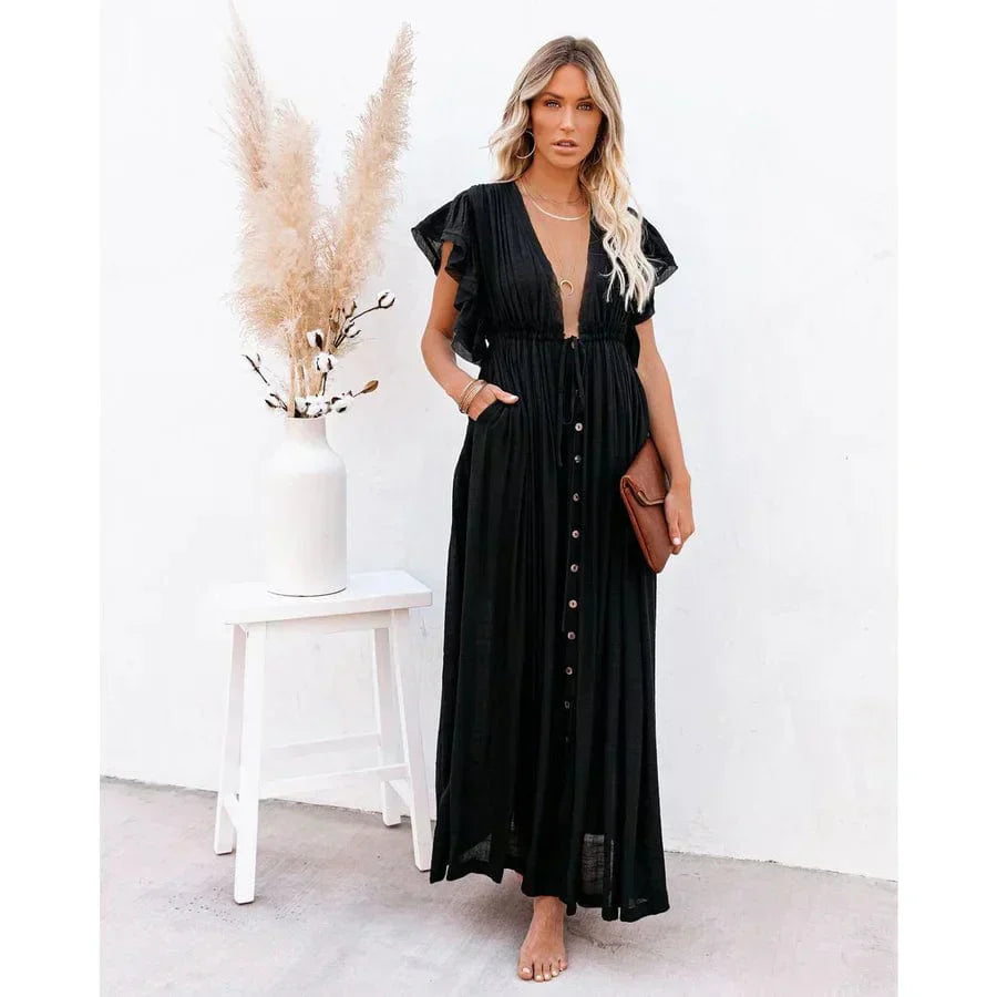 Feline Maxi Schwarzes Ibiza Kleid mit langen Ärmeln