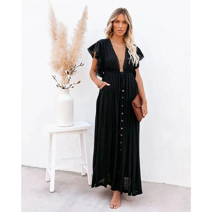Feline Maxi Schwarzes Ibiza Kleid mit langen Ärmeln