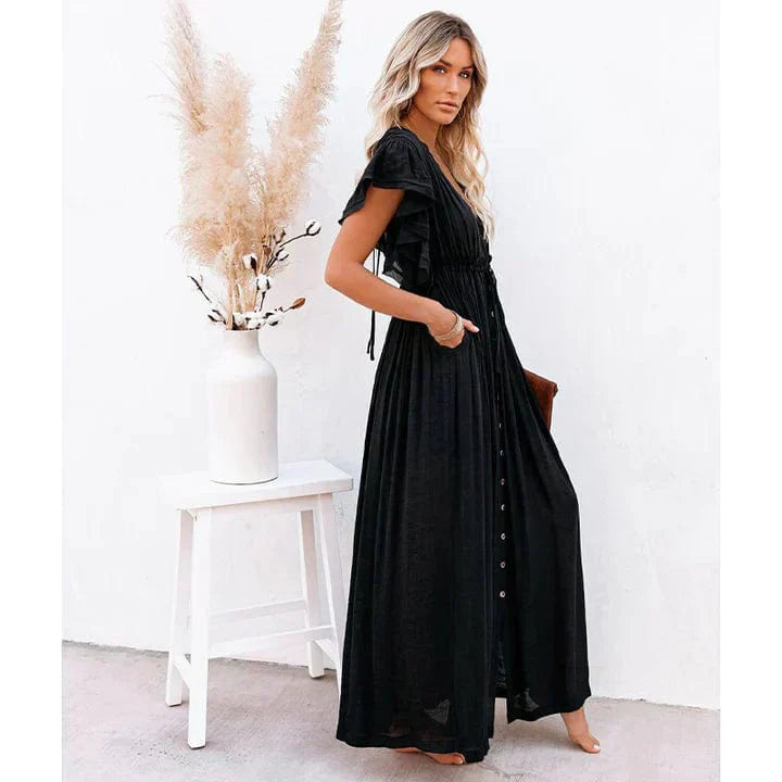 Feline Maxi Schwarzes Ibiza Kleid mit langen Ärmeln
