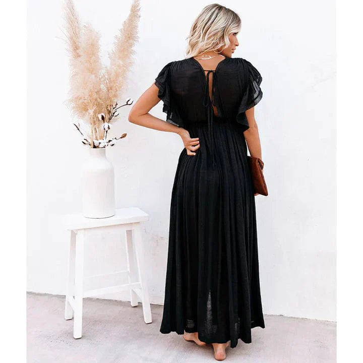 Feline Maxi Schwarzes Ibiza Kleid mit langen Ärmeln