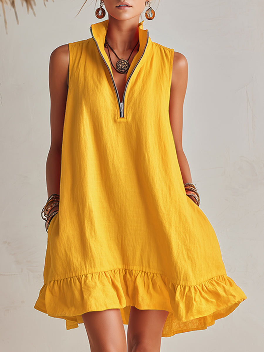 Helles Orange Halb-Reißverschluss Mini-Kleid für Damen mit Rüschensaum und Stehkragen