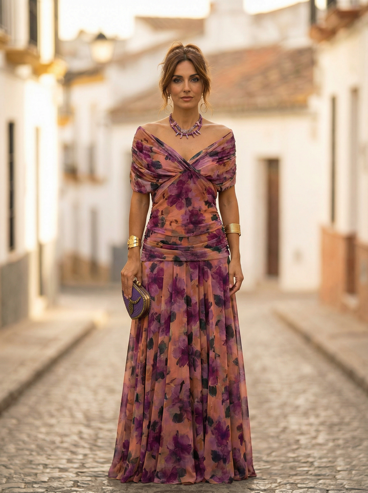 Nele | Damen Maxikleid mit V-Ausschnitt im Off-Shoulder-Stil