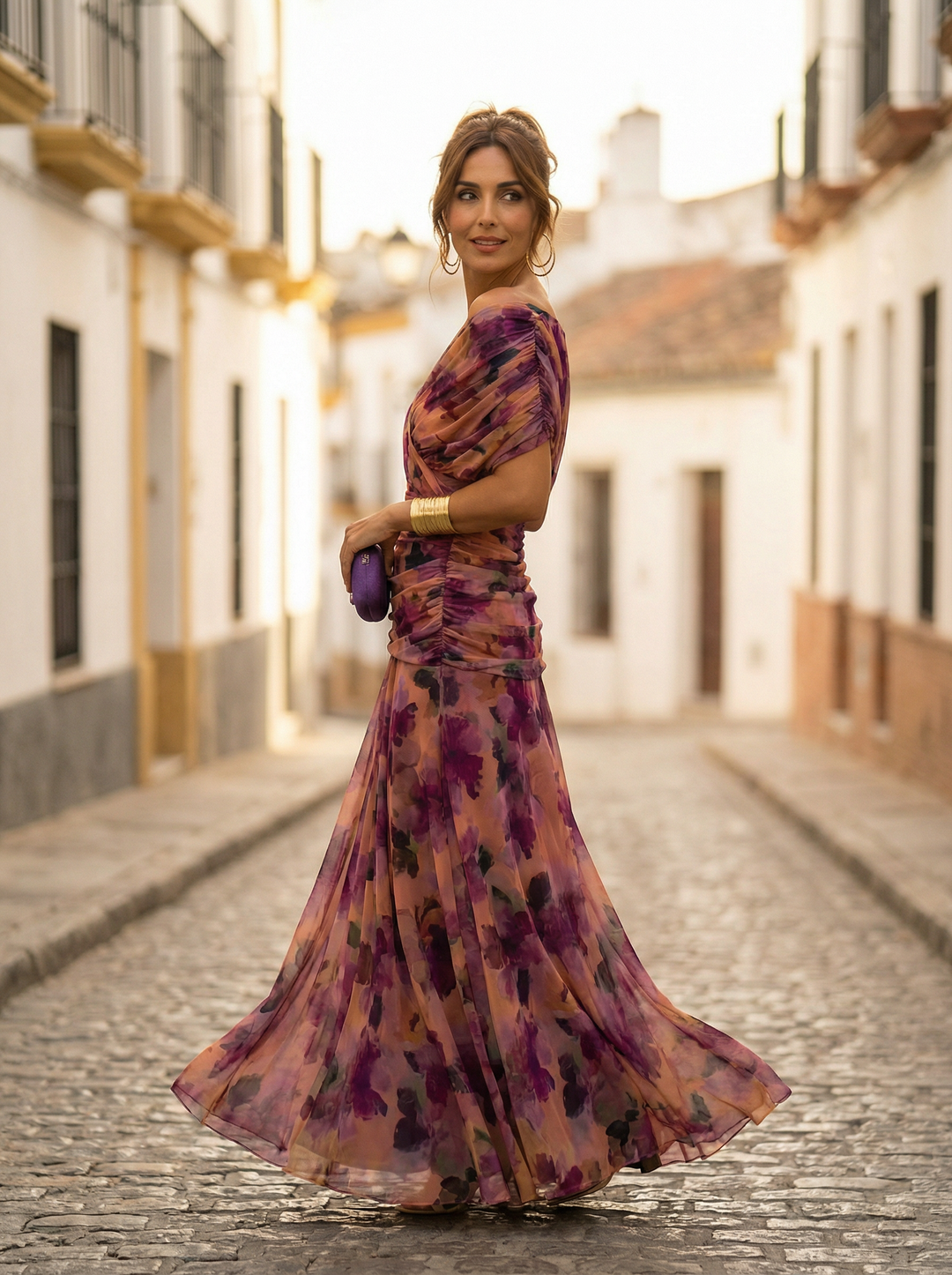 Nele | Damen Maxikleid mit V-Ausschnitt im Off-Shoulder-Stil