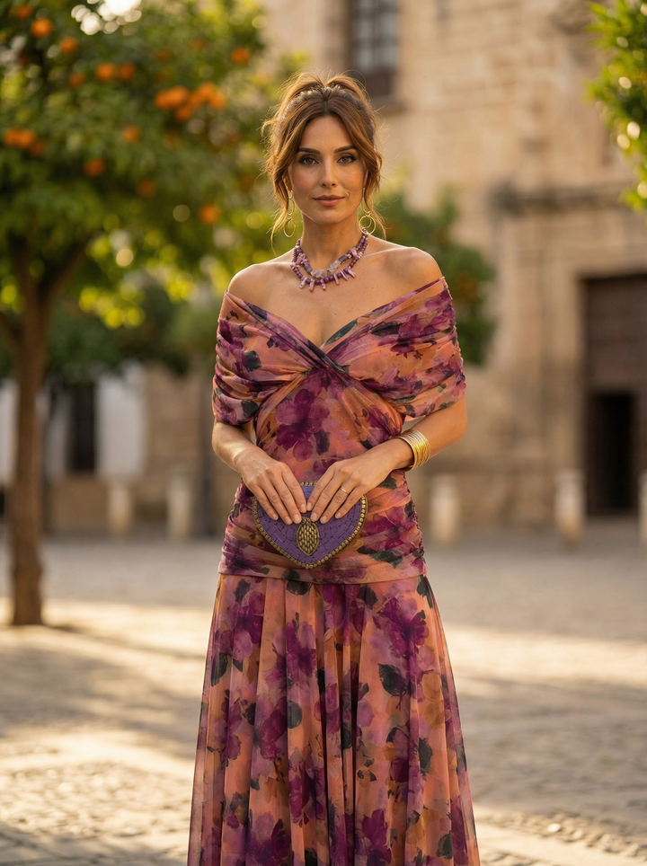 Nele | Damen Maxikleid mit V-Ausschnitt im Off-Shoulder-Stil