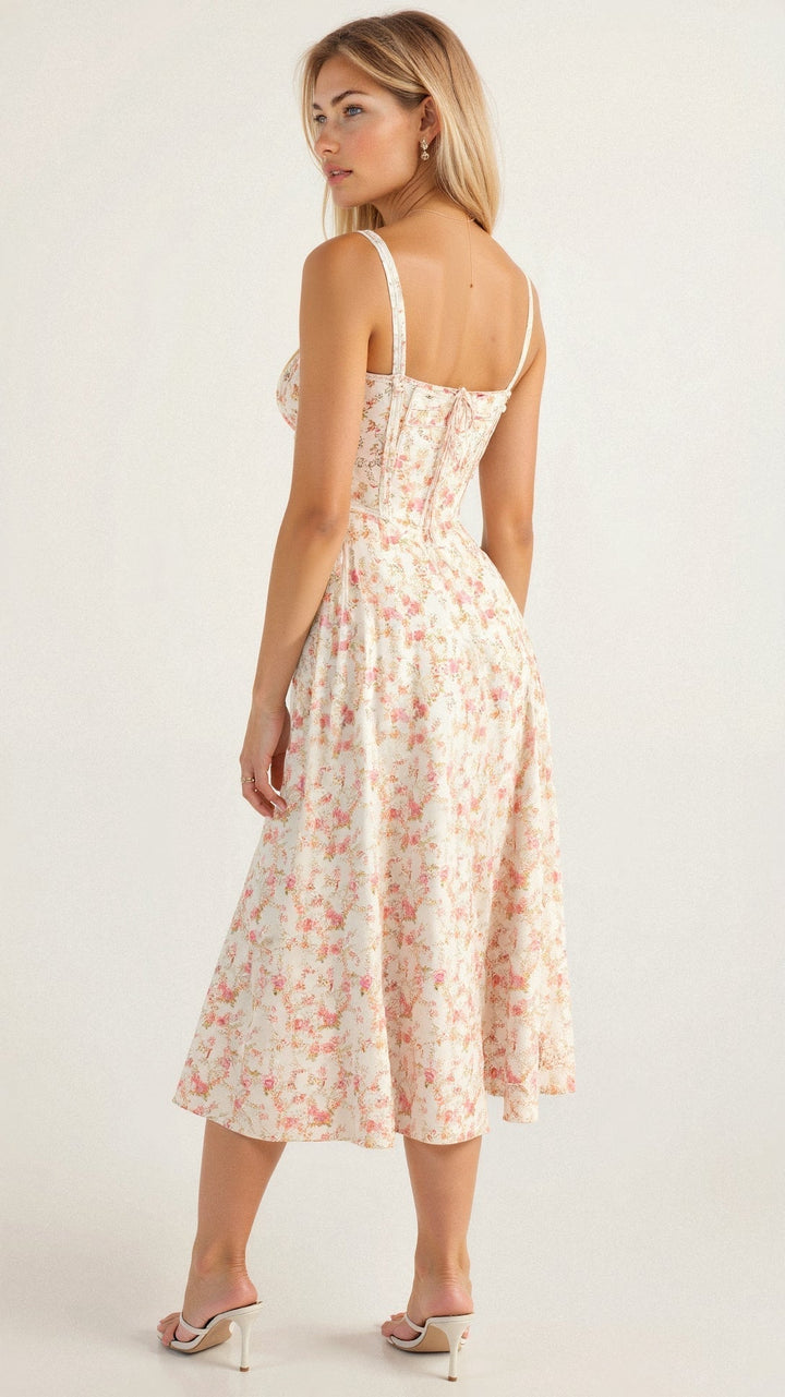 Kiana | Taillenkleid für Damen mit Blumenmuster und eckigem Ausschnitt