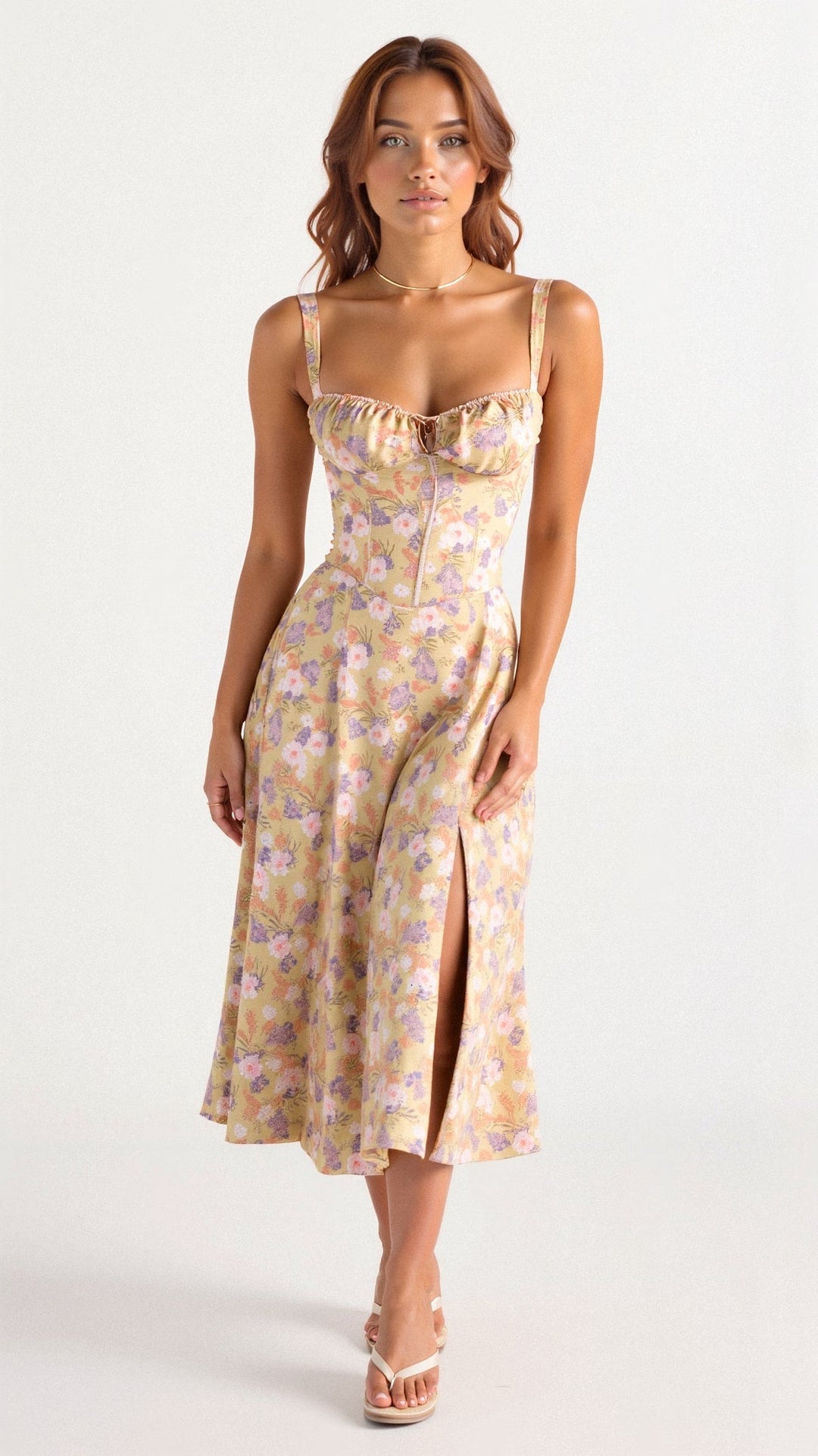Kiana | Taillenkleid für Damen mit Blumenmuster und eckigem Ausschnitt