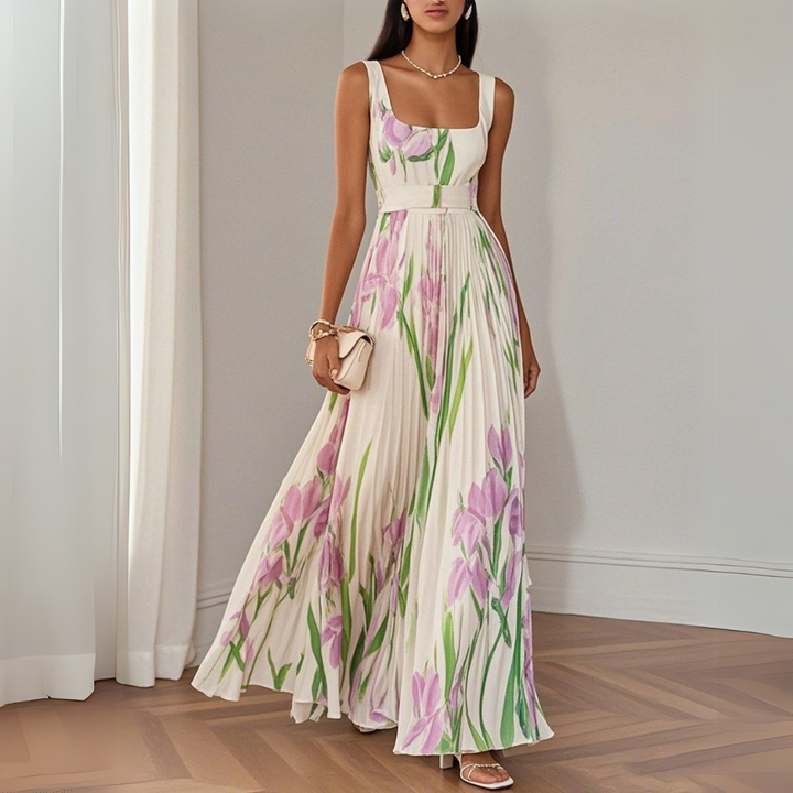 Nina | Damen Blumen Maxi Kleid mit Falten-Design und eckigem Ausschnitt