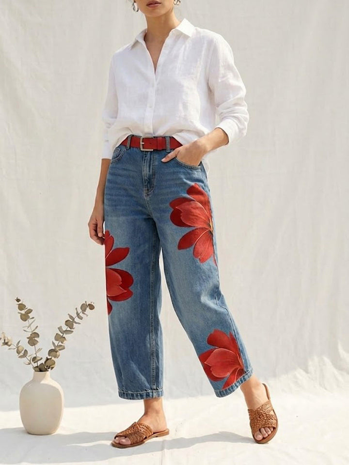 Sophia | Elegante Blumenhose für Damen mit weiter Passform und mittlerem Bund