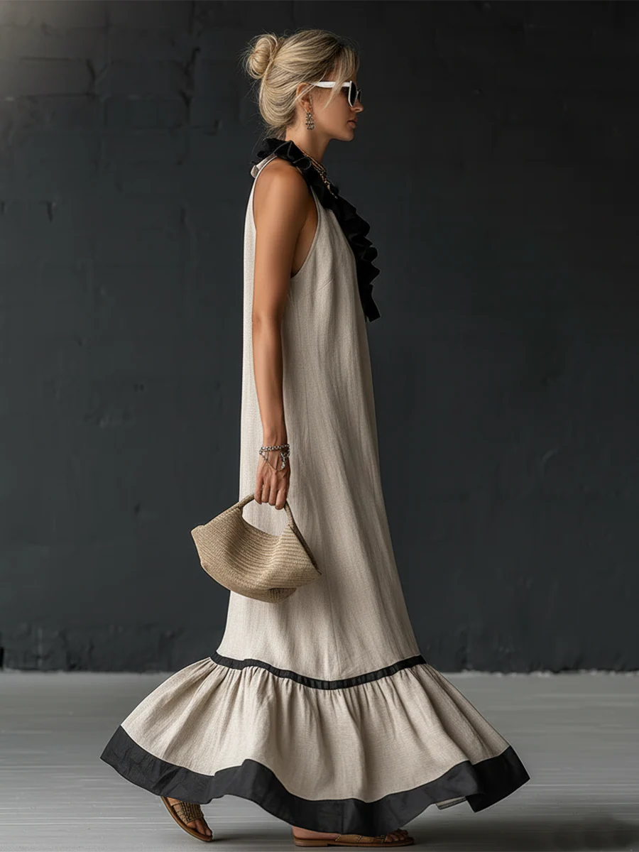 Damen ärmelloses Maxikleid mit Taschen und Rüschensaum