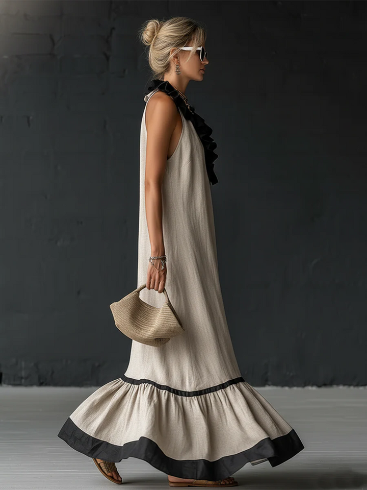 Damen ärmelloses Maxikleid mit Taschen und Rüschensaum