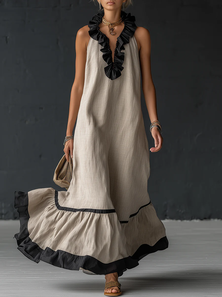 Damen ärmelloses Maxikleid mit Taschen und Rüschensaum
