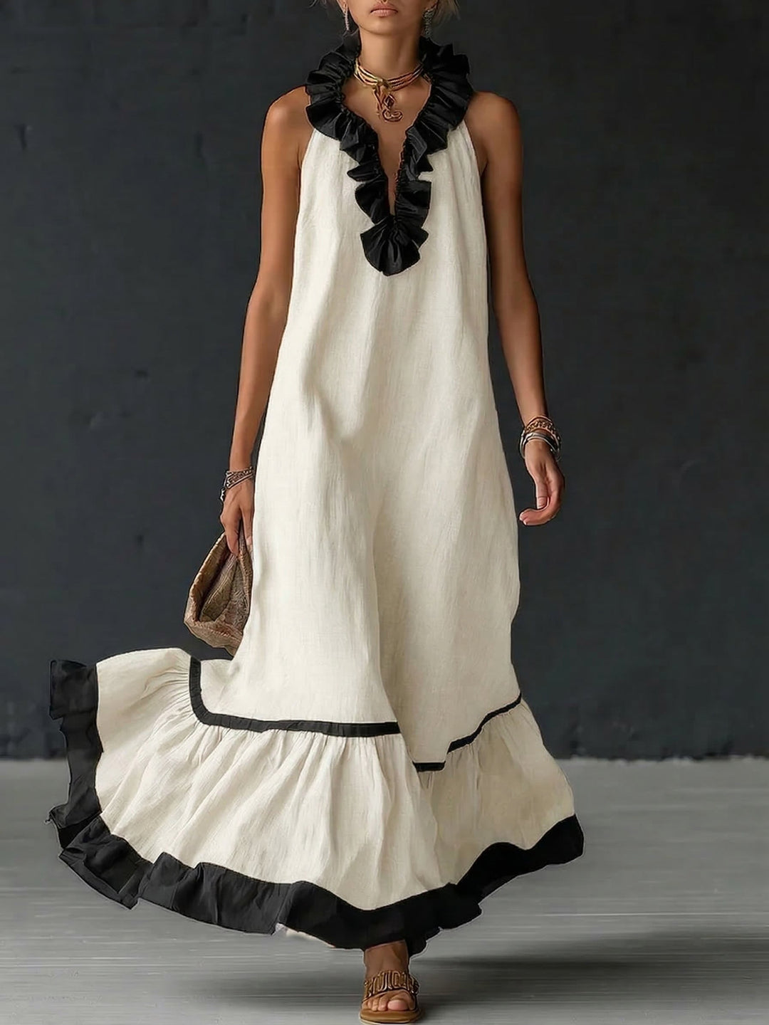 Damen ärmelloses Maxikleid mit Taschen und Rüschensaum