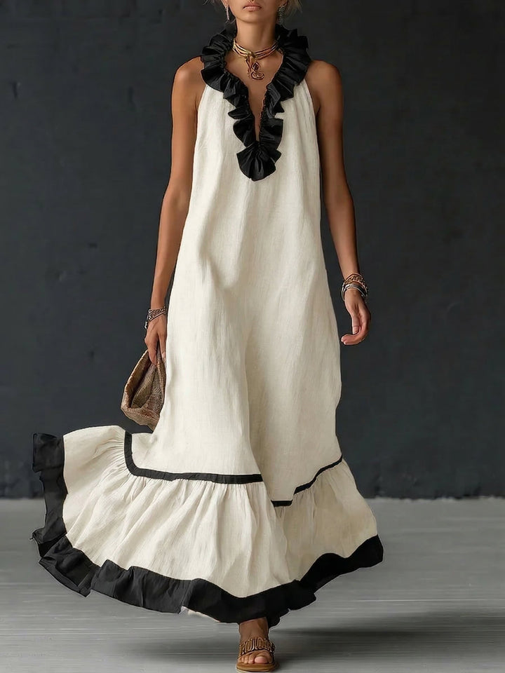 Damen ärmelloses Maxikleid mit Taschen und Rüschensaum