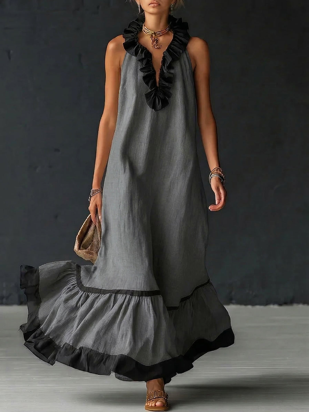 Damen ärmelloses Maxikleid mit Taschen und Rüschensaum